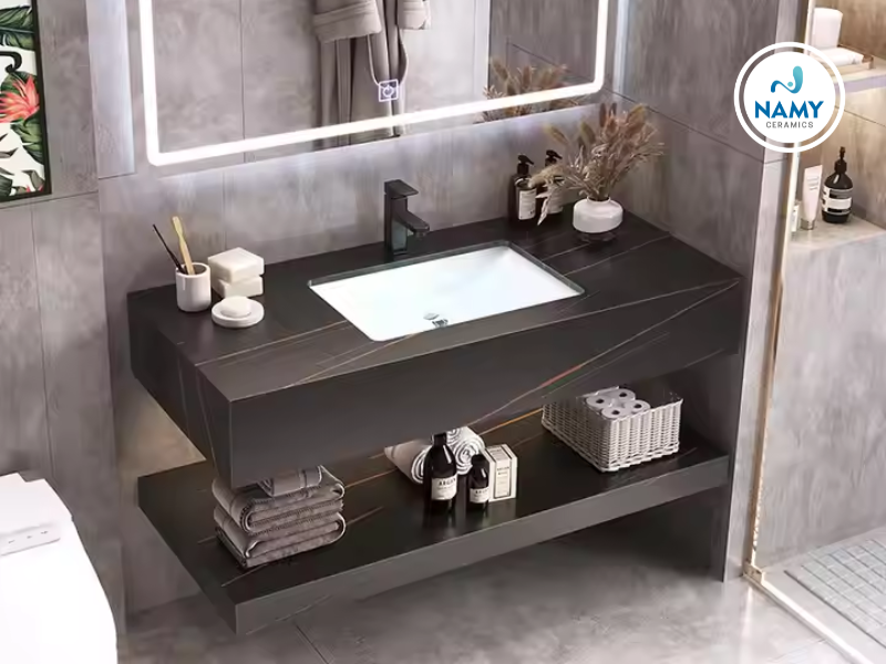 Lavabo được ốp đá nung kết đen vừa sạch sẽ vừa bắt mắt