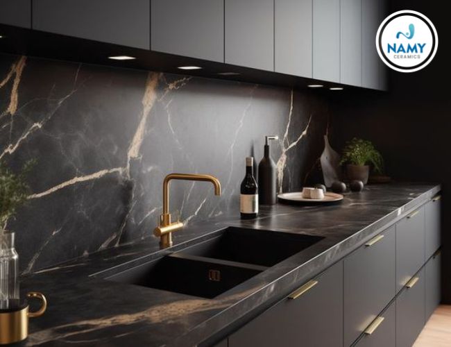 Khu bàn bếp ốp đá nung kết men matt đẹp