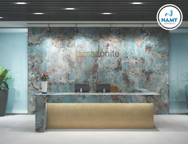 Quầy lễ tân ốp đá mặt nhám Amazonite thu hút sự chú ý