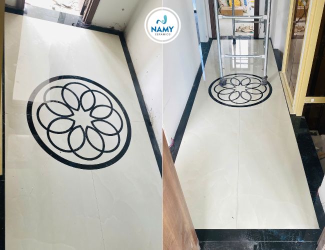 Sàn đá nung kết sau khi cắt CNC và ghép hoa văn.