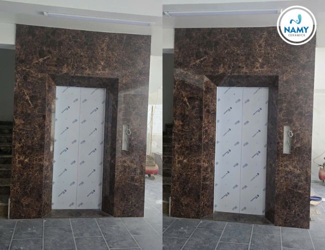 Công trình thang máy nhà dân ốp đá nung kết nâu đậm.